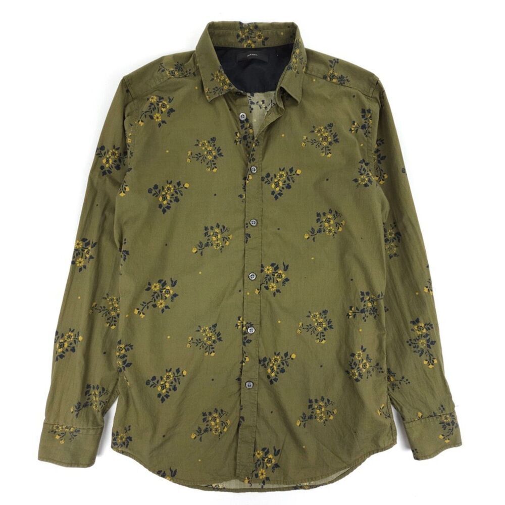 DIESEL Long Sleeve Button Down Shirt Olive Floral 90s Biker Grunge Old Money